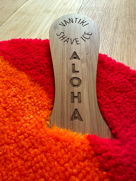 Shave Ice loop and cut pile rug wall hanging with engraved spoon!