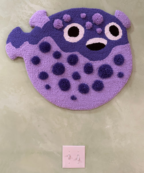 Derpy Puffer Fish loop and cut pile rug wall hanging - Violet